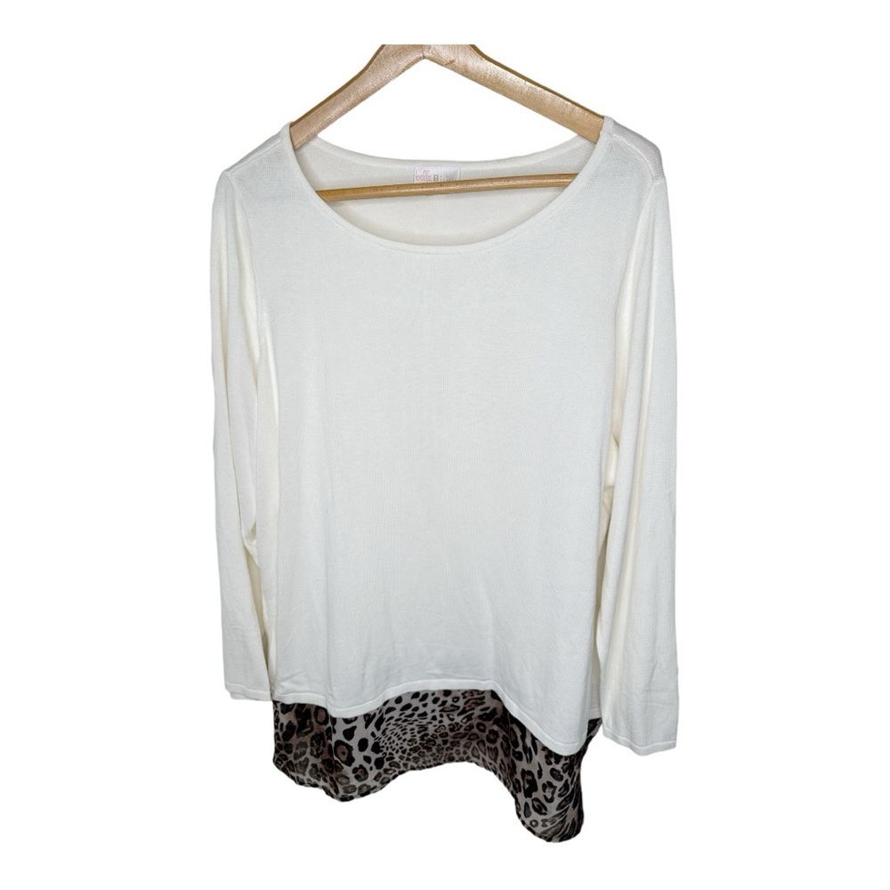 Belle Kim Gravel Size 2X Sweater With Leopard Print Chiffon Hem Long Sleeves